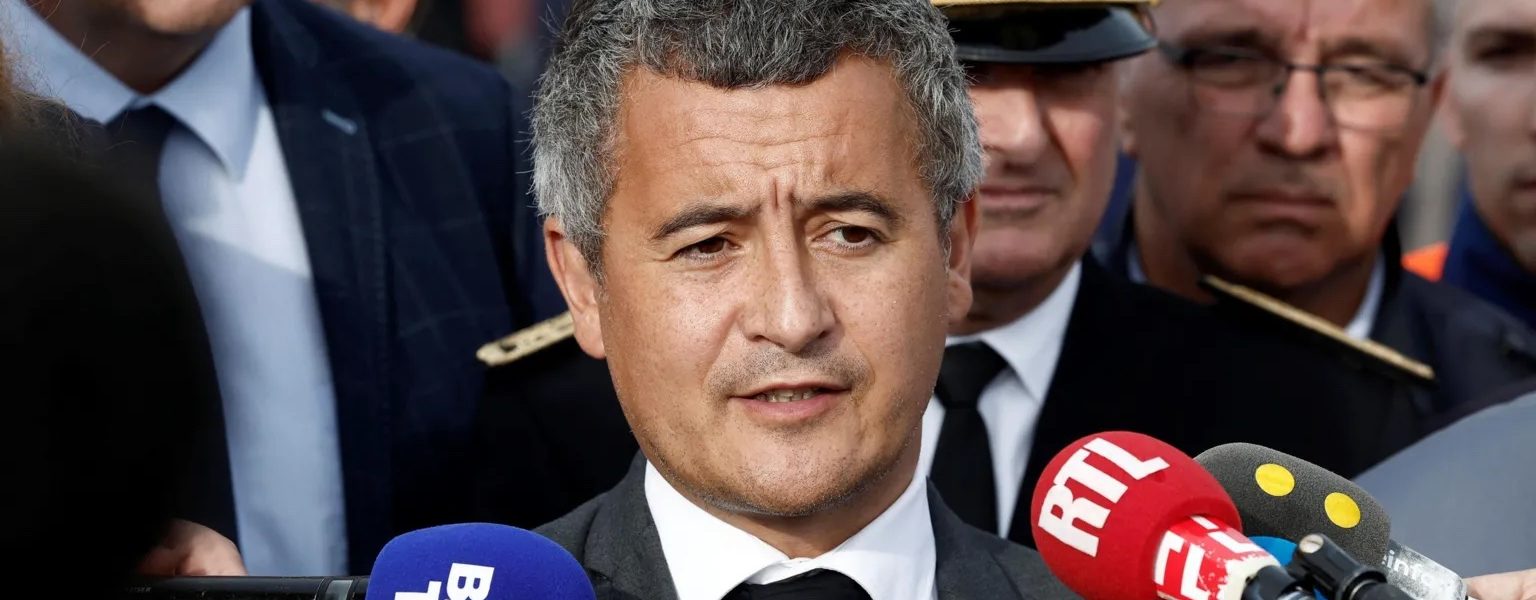 France’s interior minister, Gerald Darmanin, speaking Tuesday at the harbour in Boulogne.